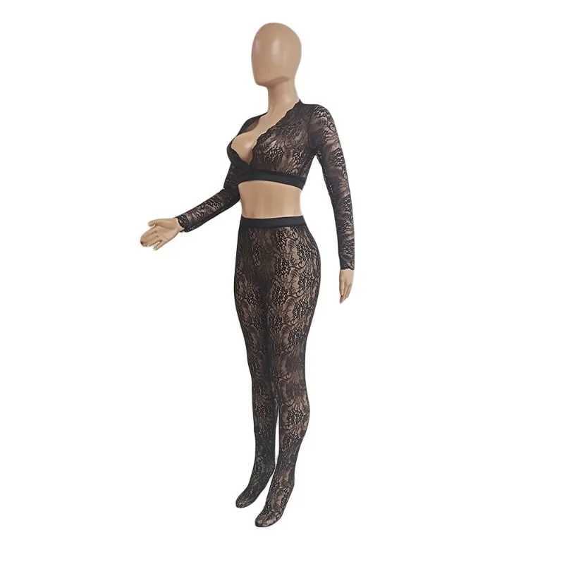 Womens sexy transparent lace 2-piece set V-neck long sleeved crop top elastic waist long leg club outfit wholesaleXJ250411