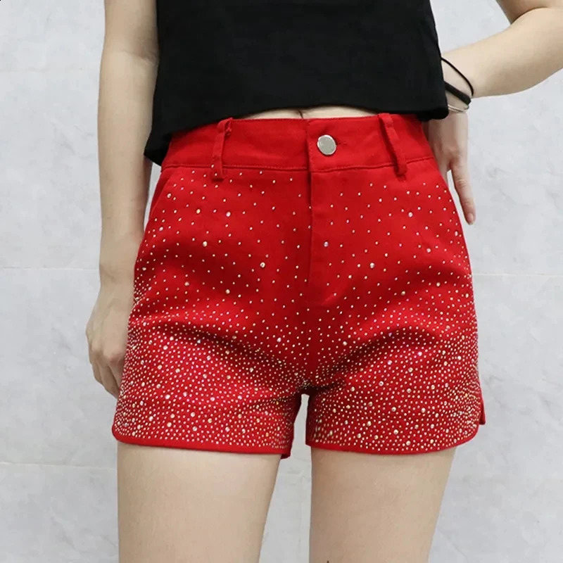 Diamond Denim Shorts for Womens Streetwear Spring Autumn Elastic High Waist Slim Shorts Female Casual Short Pants 250411