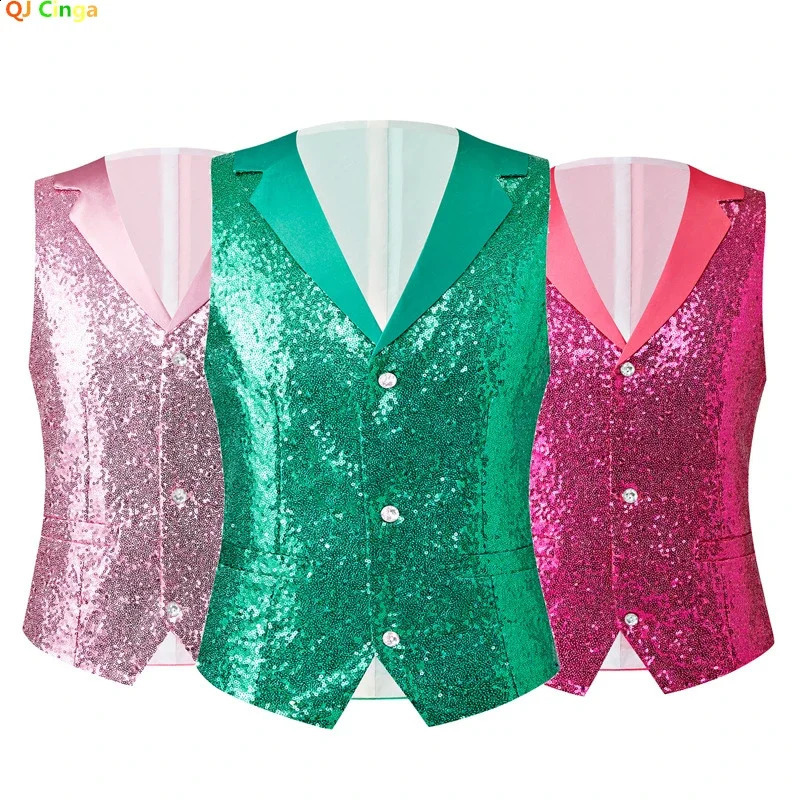Red Mens Suit Vest Single-breasted V-neck Vests Shiny Sequins Decorated Waistcoat Suitable for Host/Singer/Stage/Party 250407