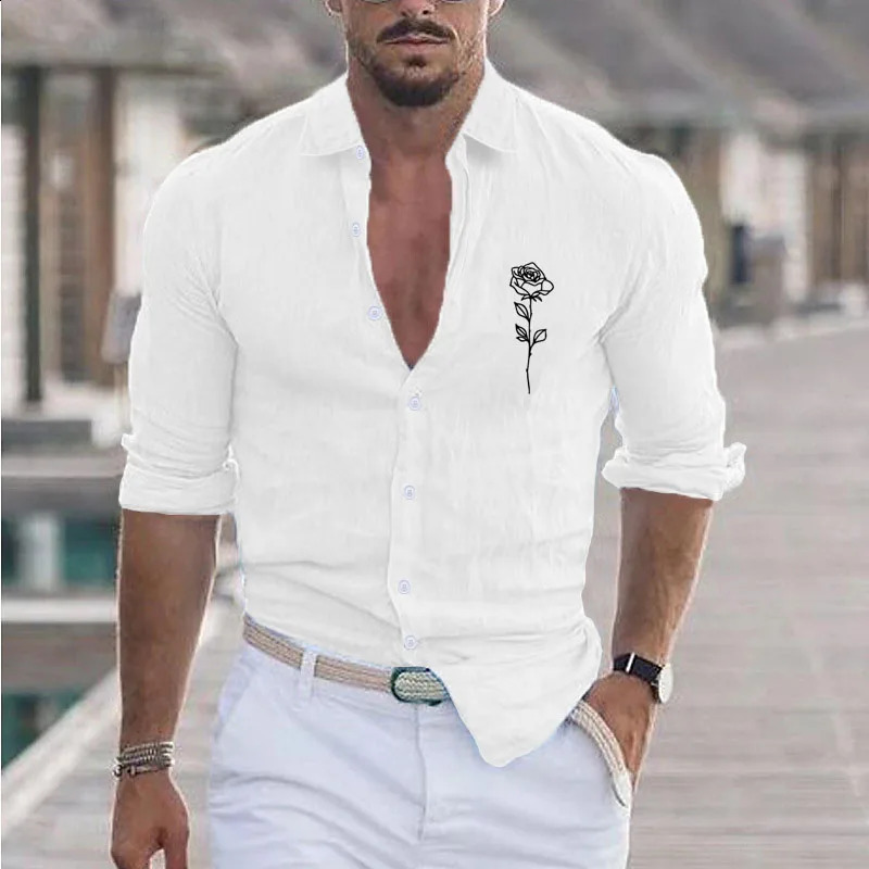 Mens Summer Cotton And Linen Lapel Beach Shirt Long Sleeve Solid Color Hawaiian Holiday Clothing Rose Pattern Shirt 250411