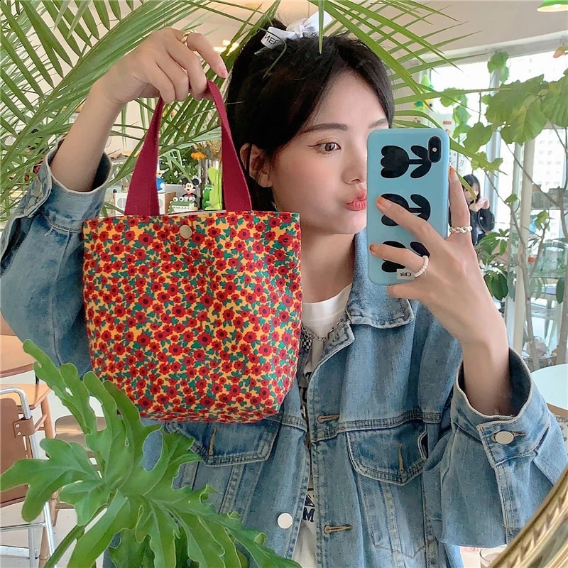 Womens buckle hand-held food bag Corduroy commuting hand-held lunch bag student literature picnic travel bento box handbag 250410