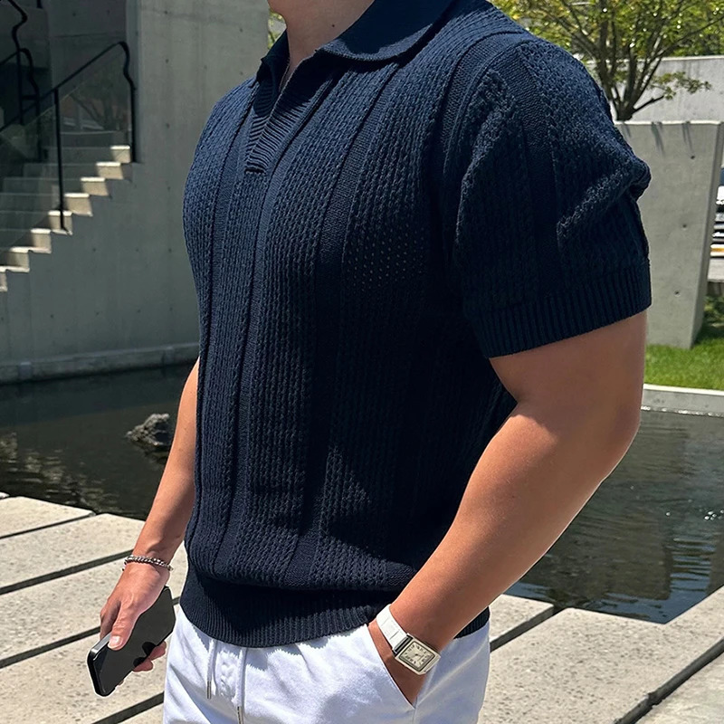 2025 Spring Summer Casual Mens Mesh Polo Shirts Slim Fit Knitted Short Sleeve Polo Tops Men Vintage Lapel Solid Color Pullovers 250409