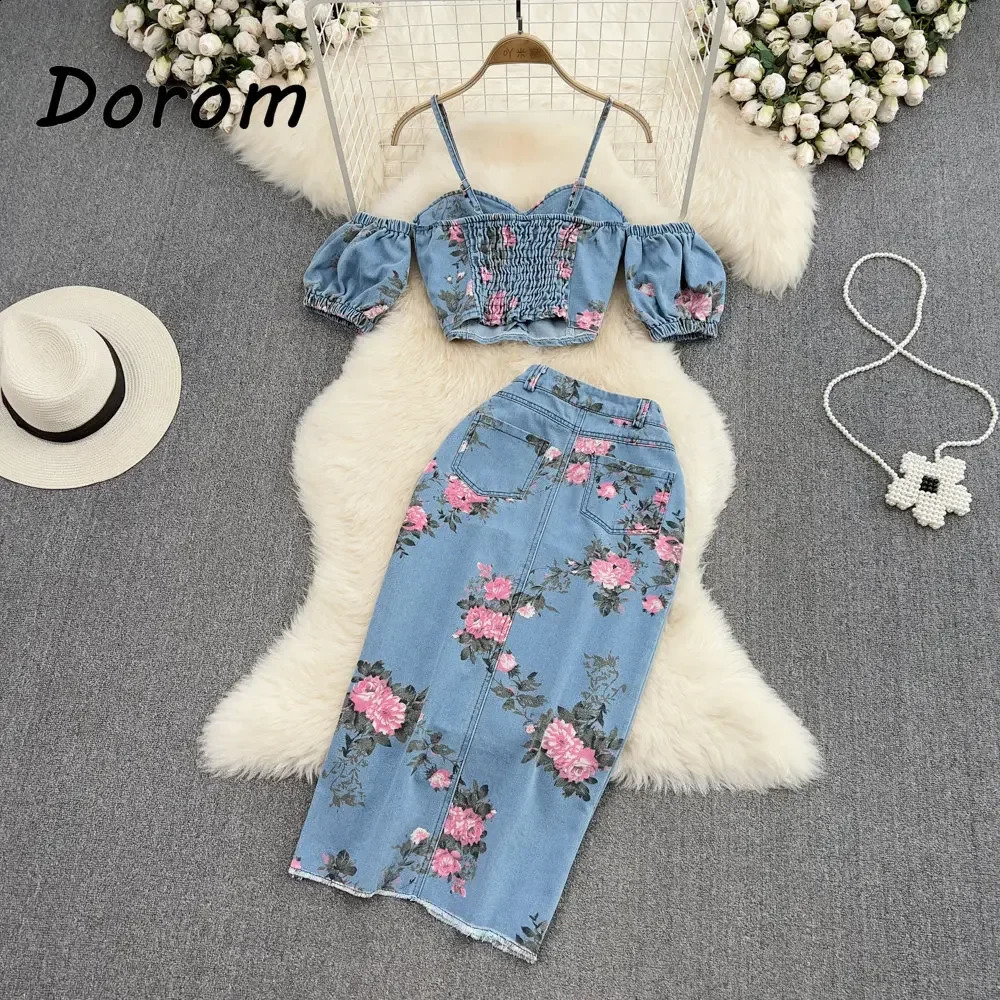 Vintage Flower Print Denim Two Pieces Sets Women Summer V-Neck Lace-up Jeans Crop Top High Waist Irregular Skirt Female Suits 250411
