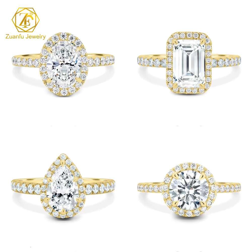 2CT Moissanite Diamond 18k Solid Gold Ring Jewelry Pear Oval Emerald Round Cut Moissanite Halo Ring with Side Stone Wedding Gift