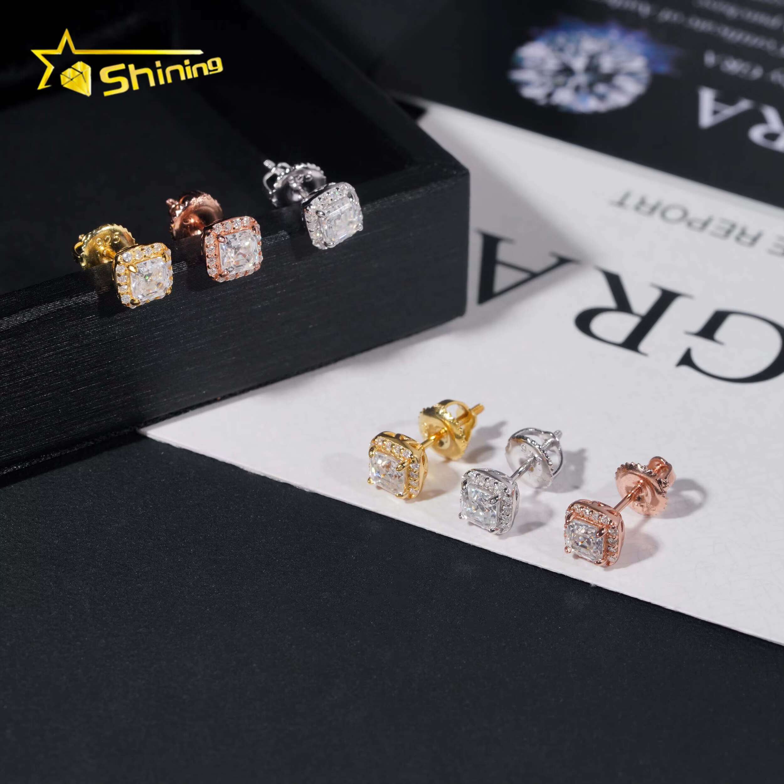 Pass Diamond Tester 925 Sterling Silver Hip Hop Stud Halo 4mm Asscher Cut Mens VVS Diamond Earring