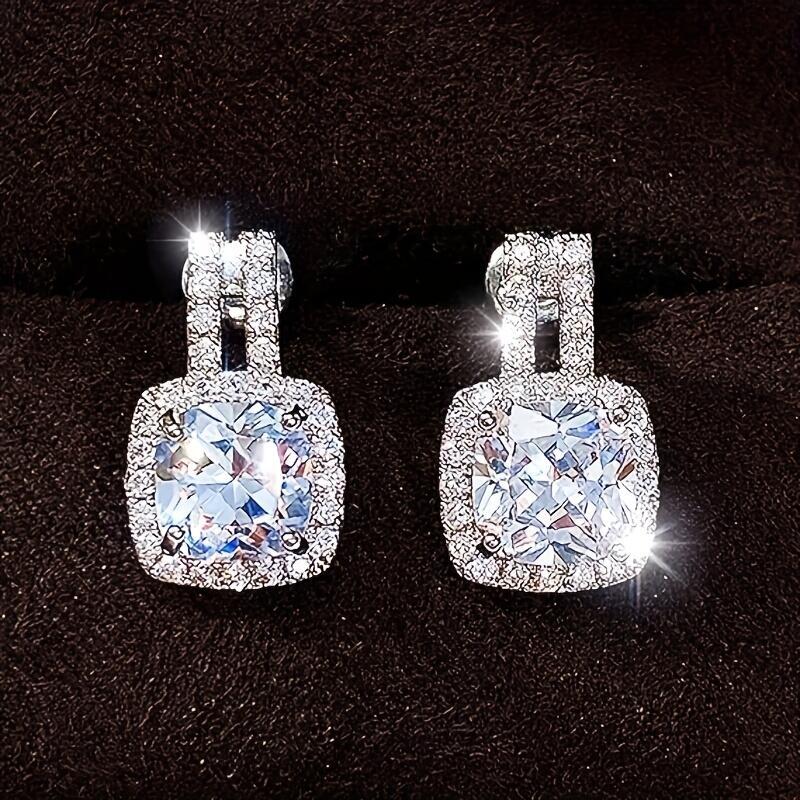 2CT Cushion Moissanite Stud Drop D Color Lab Created Dia Sterg Sier Platinum Plated Square Halo Earrings for Women Birthday Jewelry Gifts