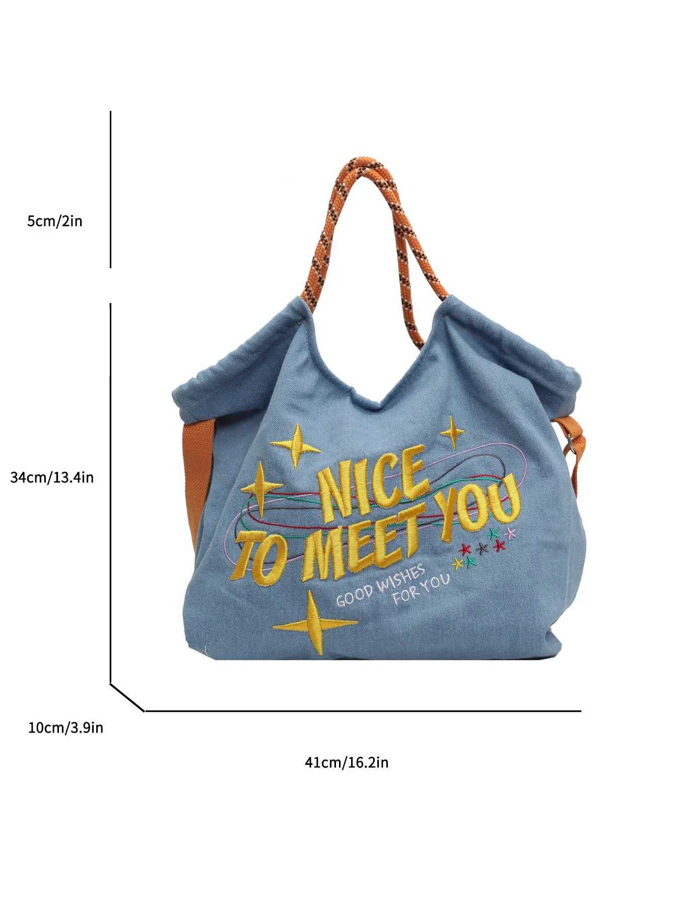Large capacity embroidered letter crossbody bag for women casual denim cloth bag large capacity canvas tote bagC250412