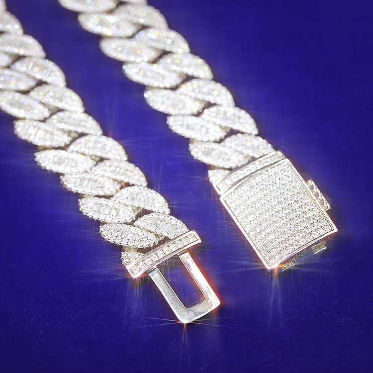 RTS Hip Hop 15mm Necklace Sterling Silver With VVS Baguette Moissanite Cuban Link Chain for Rapper