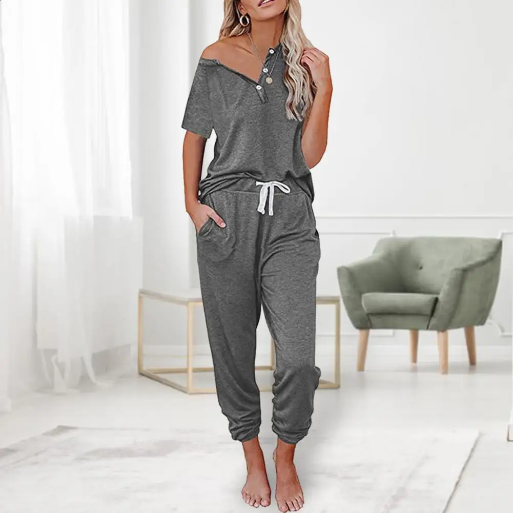 2 Pcs/Set Women Summer Tracksuit Buttons Short Sleeves Loose Elastic Waist Drawstring Sports Pullover Pockets V Neck T-shirt Tro 250411
