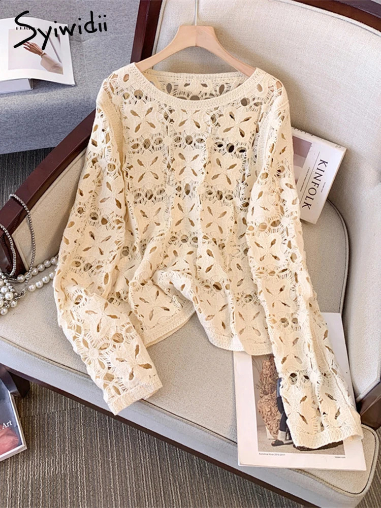 Syiwidii Pullovers for Women O-Neck Hollow Out Casual Knitted Tops Spring 2025 Fashion Long Sleeve Female Stretch Jumpers 250411