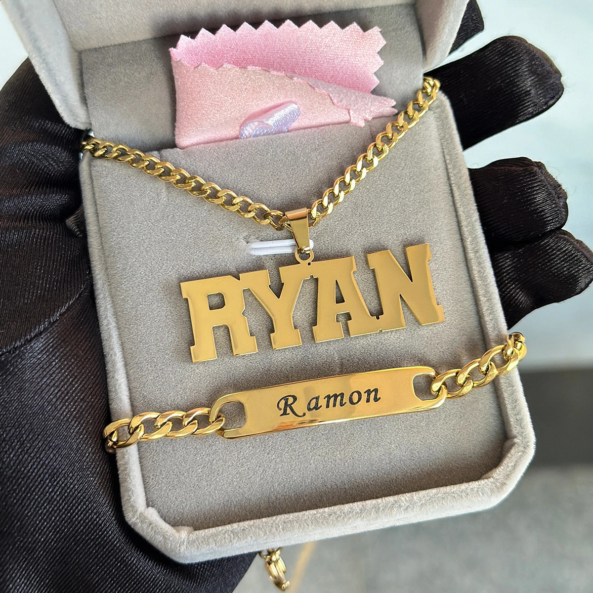 Original stainless steel name set jewelry customization 18k thick Cuban pendant necklace carved bracelet childrens 250410