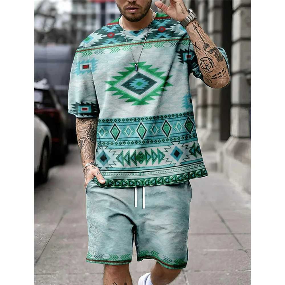 Summer retro ethnic style mens shorts set casual T-shirt+shorts 2PCS set 3D printed mens oversized O-neck sports shirtXJ250412
