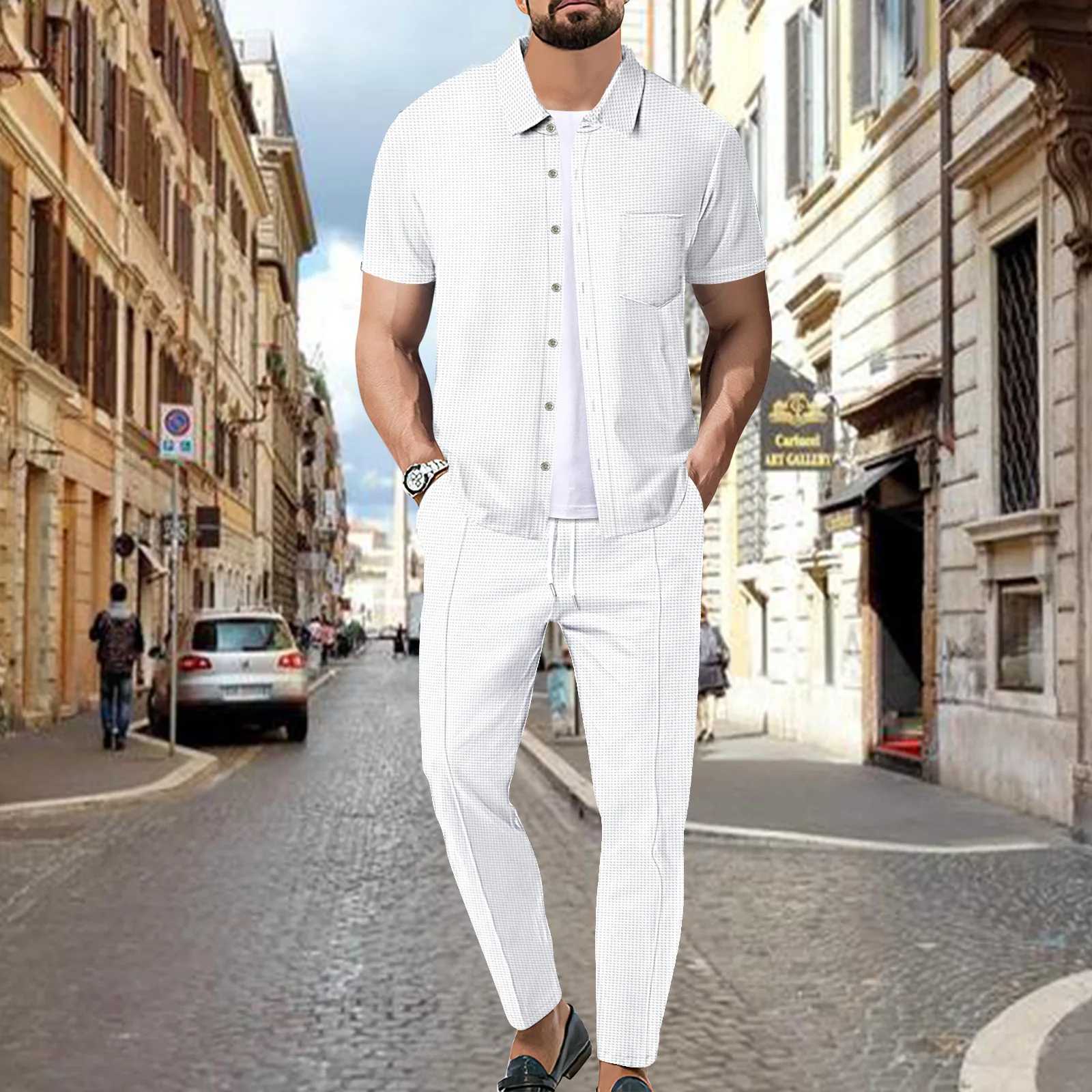 2025 Summer Mens Business Leisure Waffle Pocket Solid Color Short Sleeve Fashion Trend Collar Shirt Pants Two Piece SetXJ250412