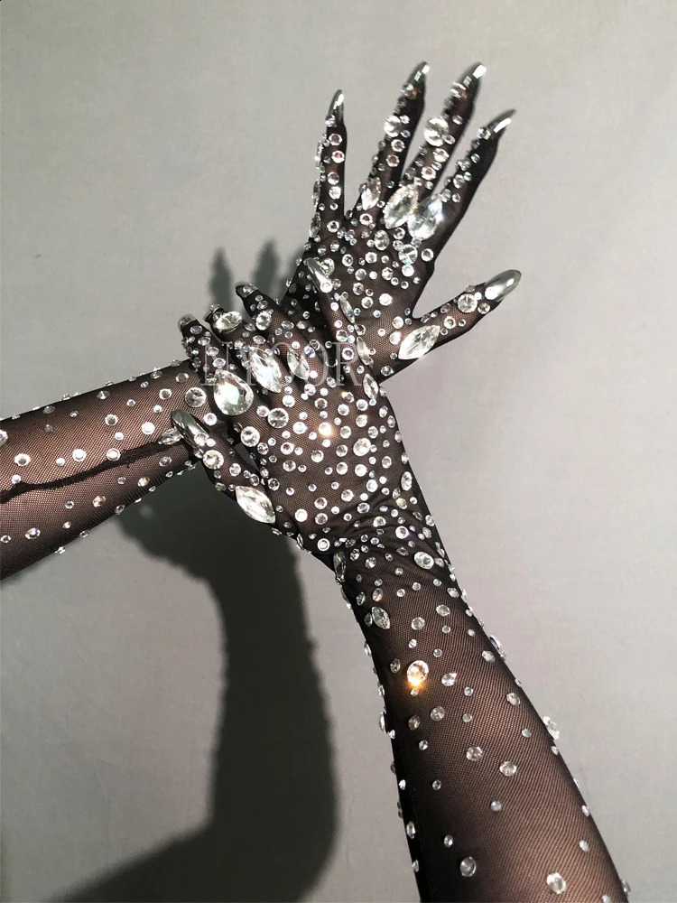 Mesh Black Gloves Shining Crystals Stones Long Mittens Rhinestones Stretch Transparent Bar Singer Party Stage Wear Accessories 250408