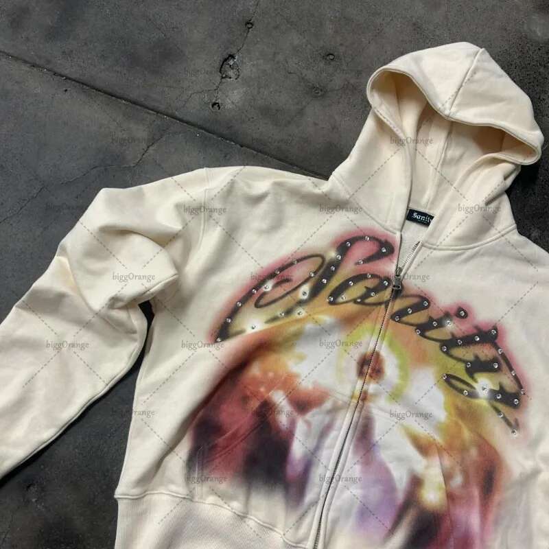 European and American Retro Zipper Hoodie Men Y2k Letter Graffiti Print Oversized Sweatshirt Haruku Versatile Jacket Women