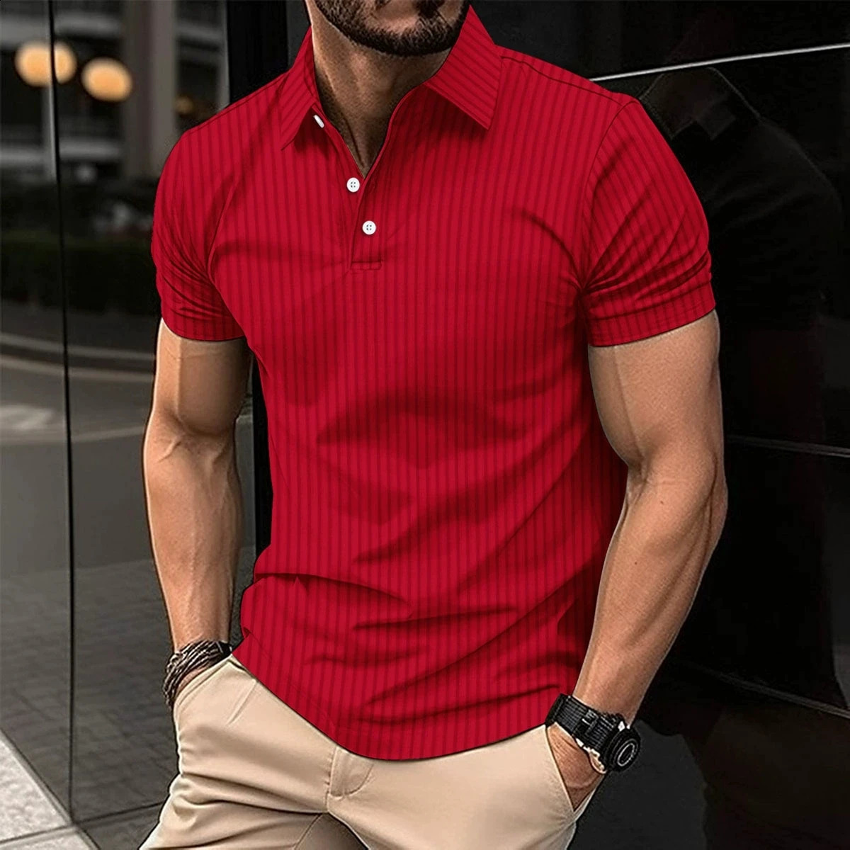 Summer Mens Daily Casual Short sleeved Polo Shirt Fashion Stretch Vertical Bar Sports Button Short sleeved Polo Shirt 250411
