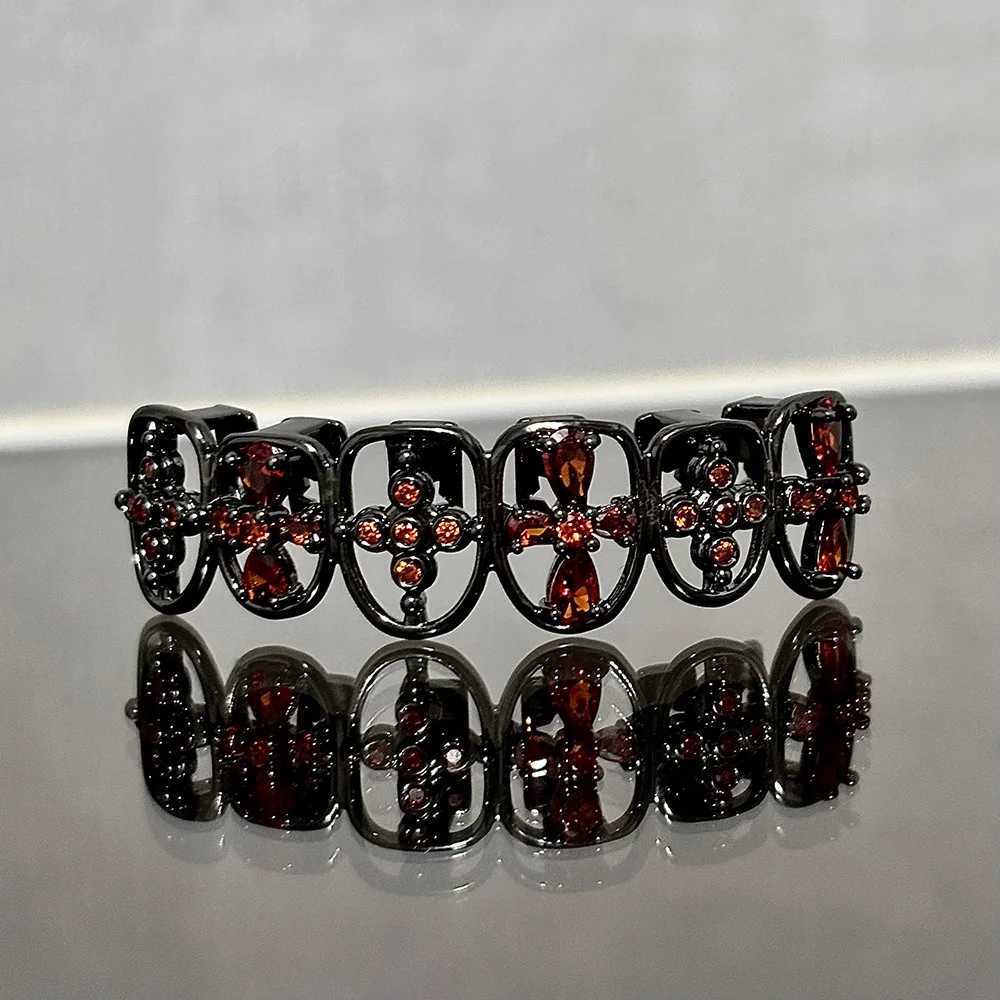 YONGX Gothic Y2K Red Zircon Cross Hollow Tooth Cap Bracket Black Hip Hop CZ Stone Tooth Grid Jewelry Halloween Tooth Grid W250412
