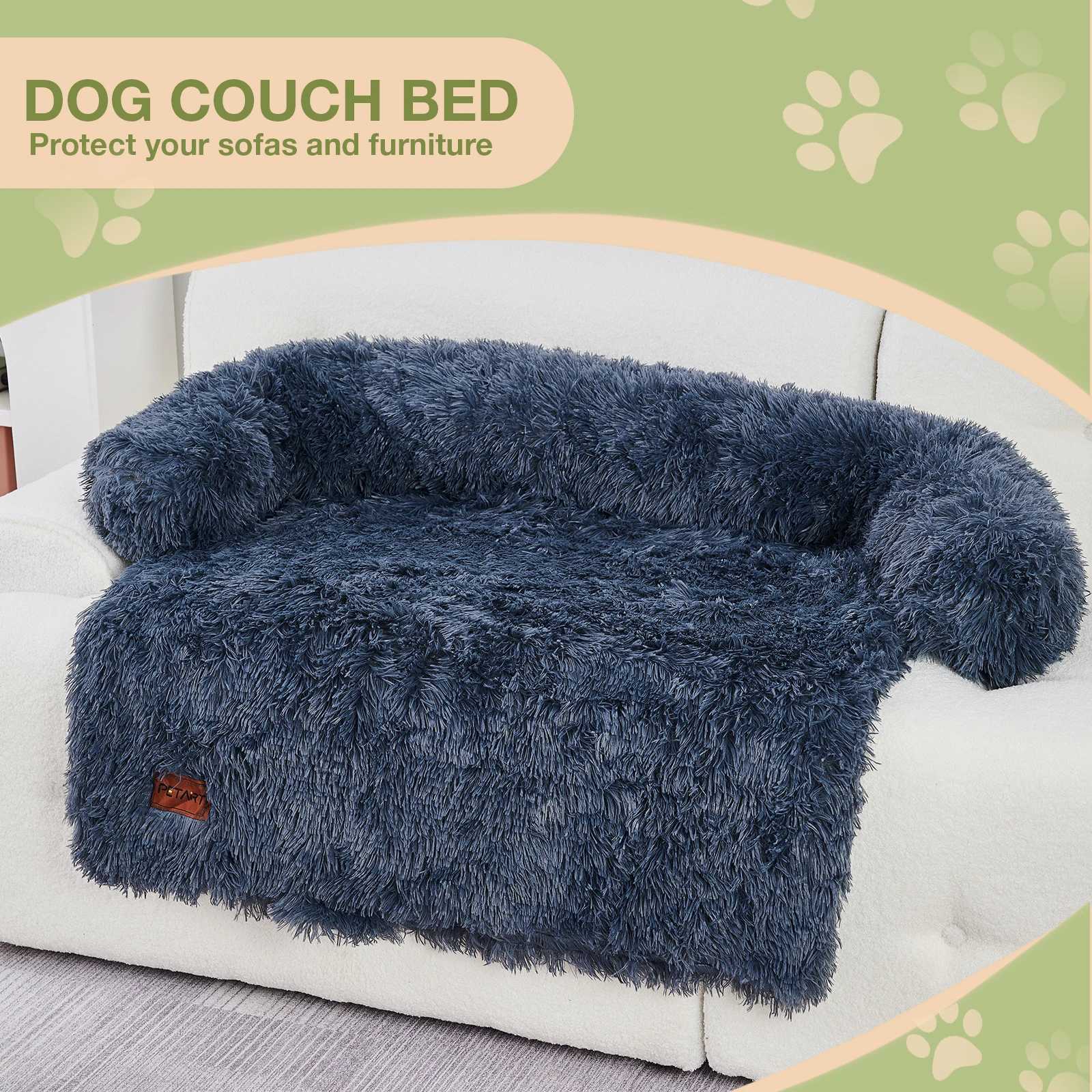 Dog sofa mattress with fluffy plush dog sofa bed equipped with a blanket and a detachable and washable pet protector suitable for medium and large dog