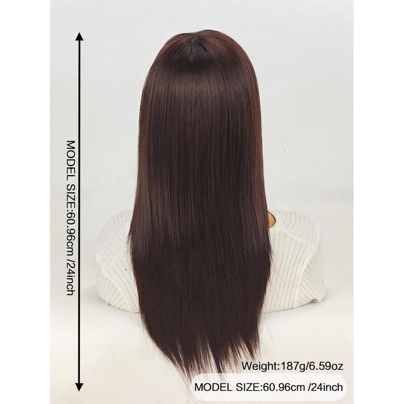 Long Medium Women,Medium Brown Wigs with Bangs Layered Shoulder Length Synthetic Wig for Daily Party (24 inch)