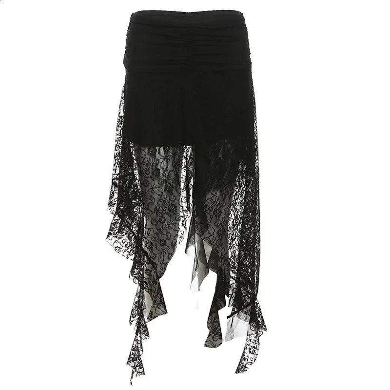 Y2K Goth Dark Irregular Hem Lace Patchwork Mid Skirts Women Streetwear Fairy Slim Pleat A-line Skirt Mall Goth Fashion Bottoms 250411