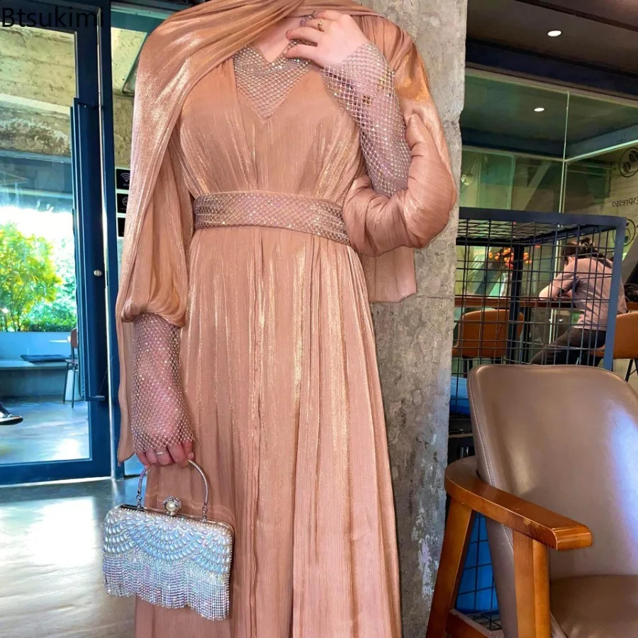 Muslim Fashion Abaya Womens Shiny Diamond Kimono Open Abayas Maxi Dress Jalabiya Ramadan Eid Dubai Evening Kaftan 250411