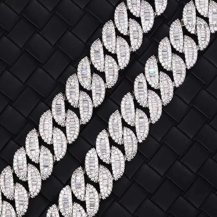 Customized Mens Jewelry 15mm S925 Sterling Silver Cuban Chain baguette Moissanite Diamond Hip Hop baguette Cuban Link Chain