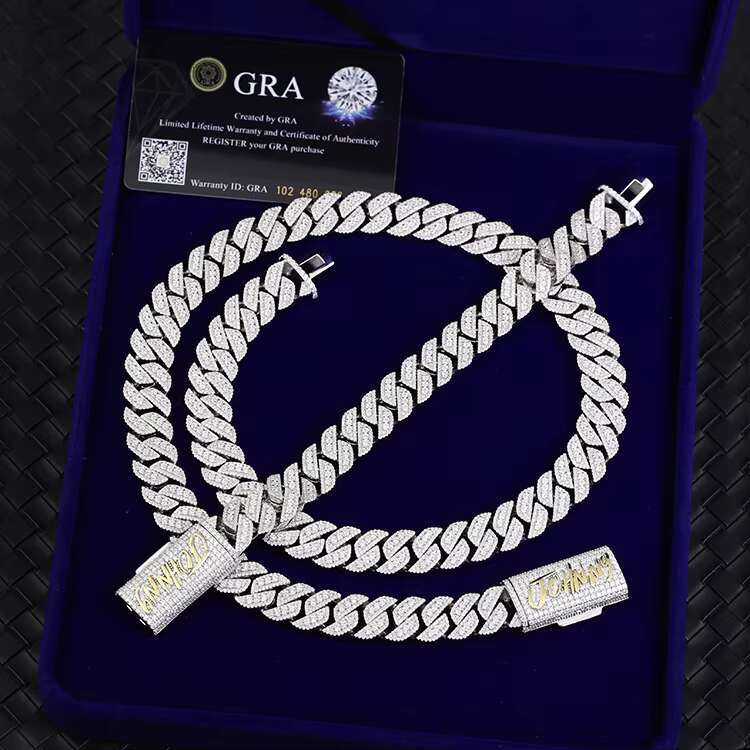 Yu Ying 15mm Width Shine Necklace Ice Out Moissanite Diamond 925 Solid Silver Cuban Link Chain for Hip Hop Jewelry