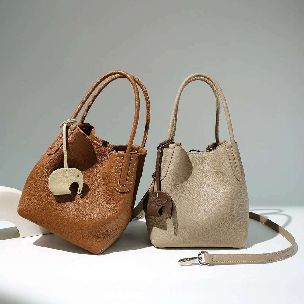 New Design Chic Basket Bucket Shopper Tote Small T Cowhide Leather Women Handbag With Elephant Deco Ladies Shoulder Bag