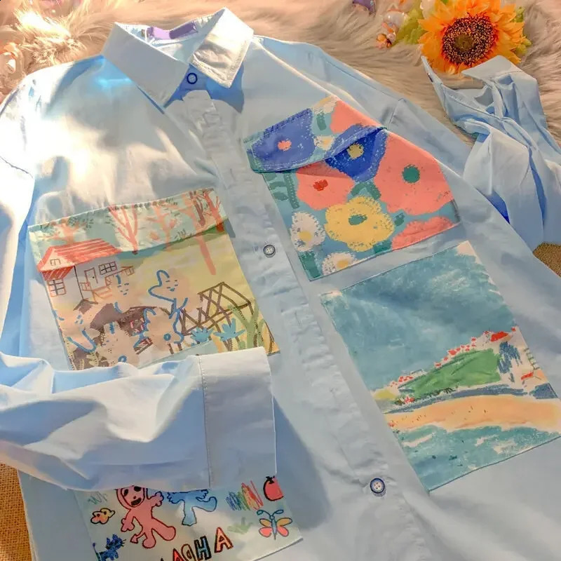 Yellow Oil Painting Print Shirts Women Spring Autumn Thin Loose Button Up Blouses Long Sleeved Oversize Shirt for Teenage s 250411