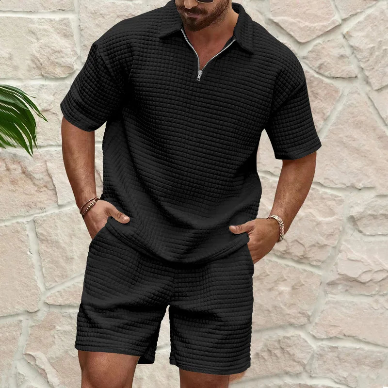 Summer Mens Casual Trend Fashion and Comfortable Solid Color Polo Sports Set 250411