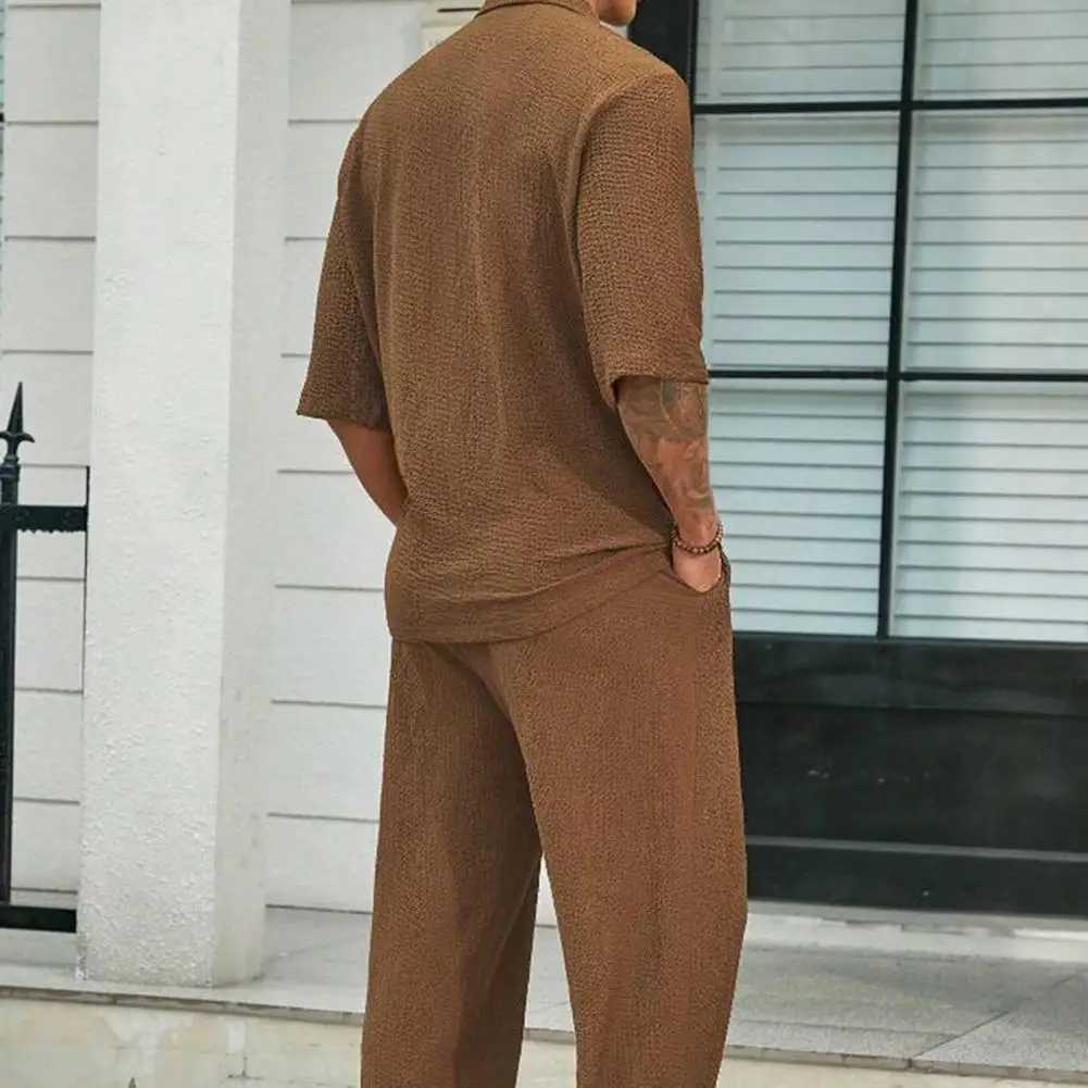 2-piece/set mens casual suit with collar long sleeved top elastic waist long pants set solid color commuting style setXJ250412