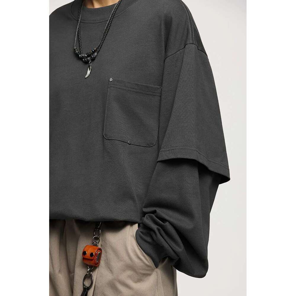Fake Two-Piece Long-Sleeve Tees For Unisex Minimalist Oversized Tshirts With Pocket