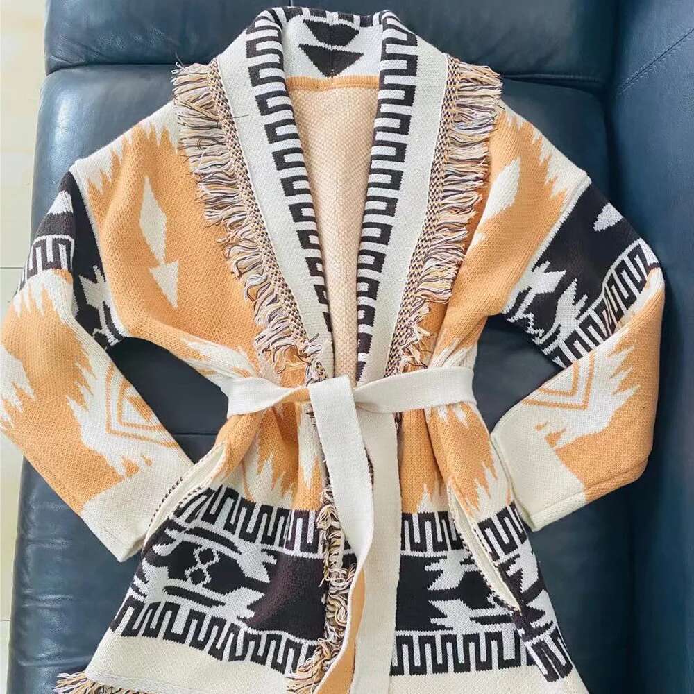 WQJGR Winter Cardigan Sweater Women Wool Kniited Tassel Colorful Print Loose Full Sleeve High Quality Sweaters Female Coat