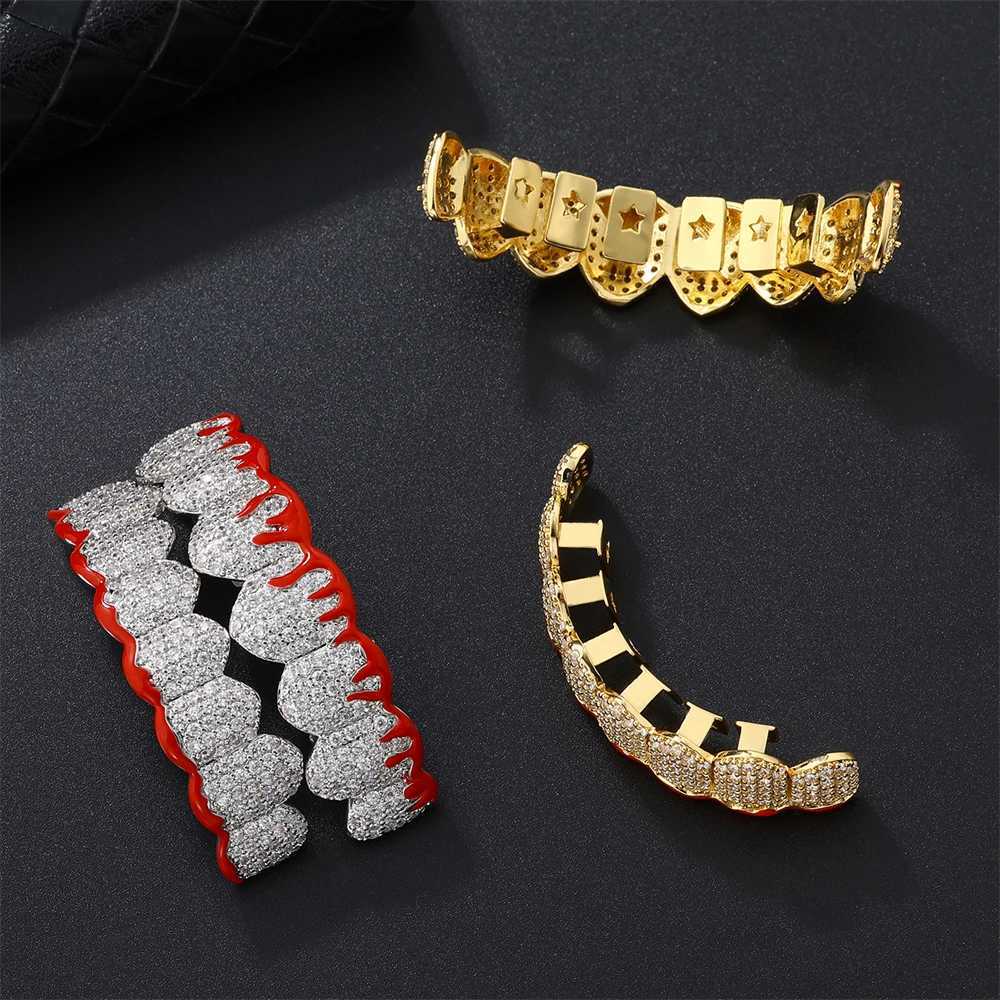 D Z Hip Pop Sparkling Cubic Zircon Blood Teeth Grilz Set for Neutral Top Bottom Oral Gold Silver Removable Dental Jewelry W250412