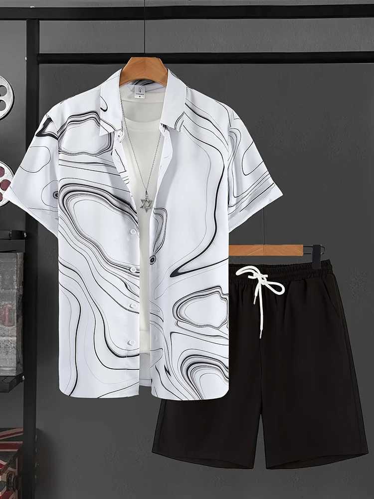 2025 Summer New Mens Texture Pattern Sports Shirt Hawaii Short Sleeve T-shirt Set Fashion Casual Mens Shorts Two Piece SetXJ250412