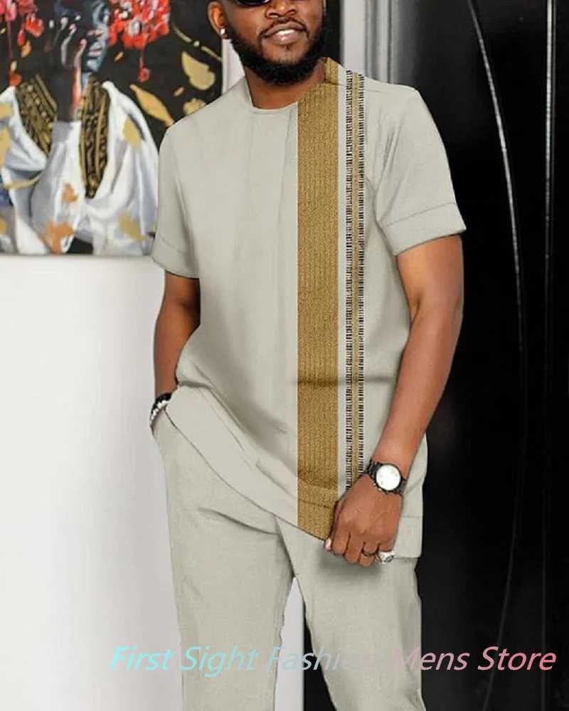 African mens summer Egyptian clothing oversized T-shirt mens 2-piece short sLeeved casual setXJ250412
