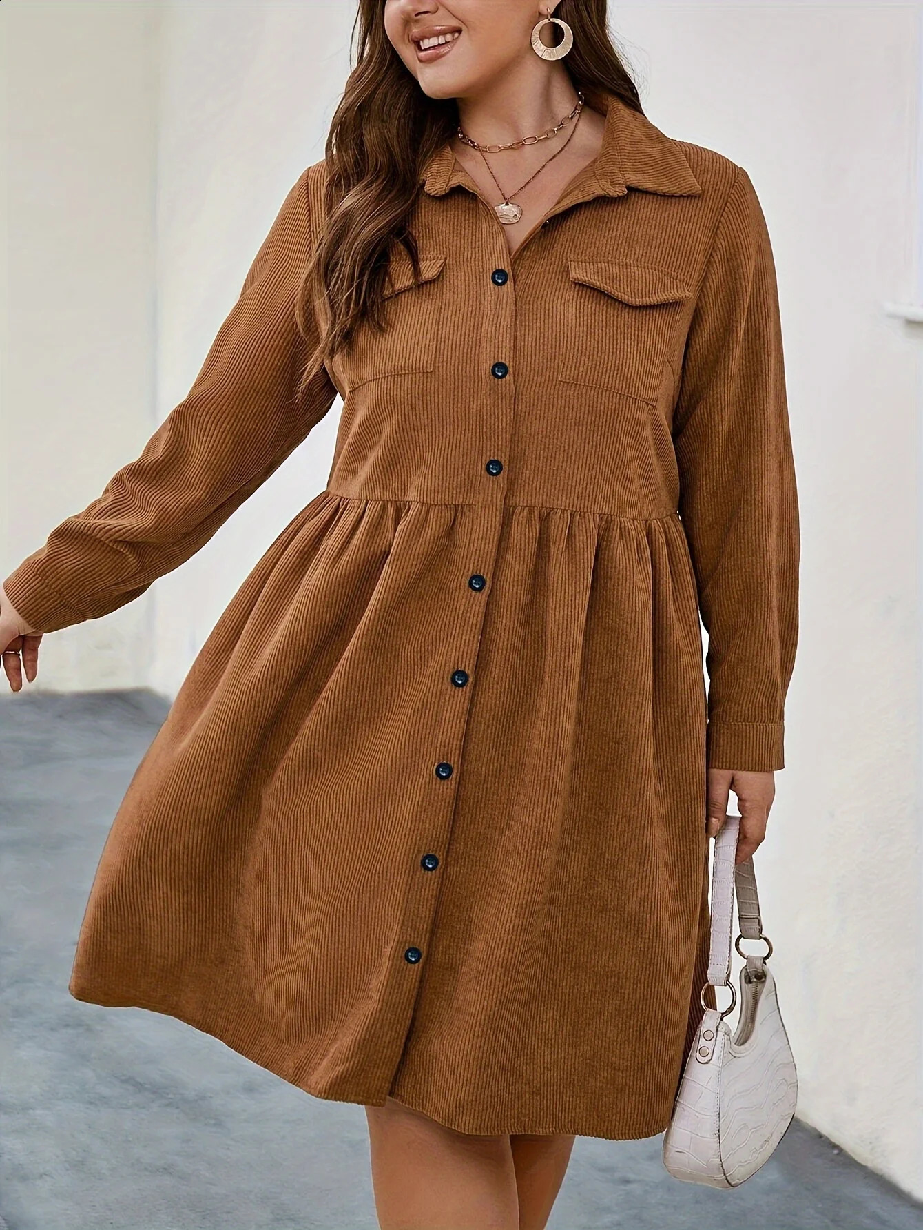 2025 Plus size 1XL5XL shirt dress with corduroy buttons pocket collar knee length loose long sleeves elegant and fashionable 250411