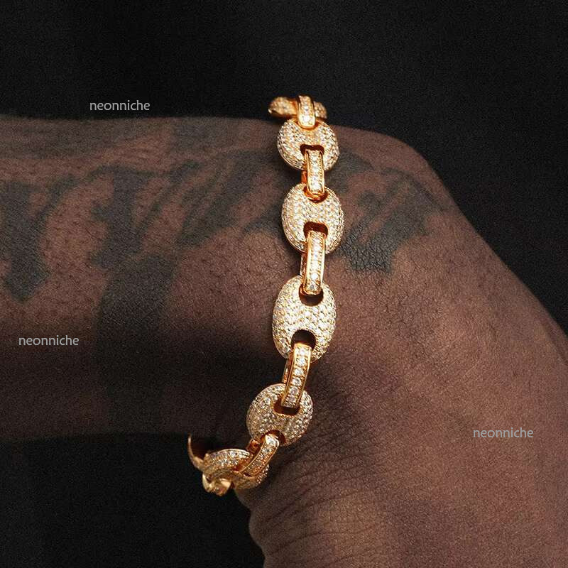 Hiphop 12-14mm Pig Nose Cuban Chain Jewelry Fashion VVS Iced Out Moissanite Dia Gold Bracelet for Men's