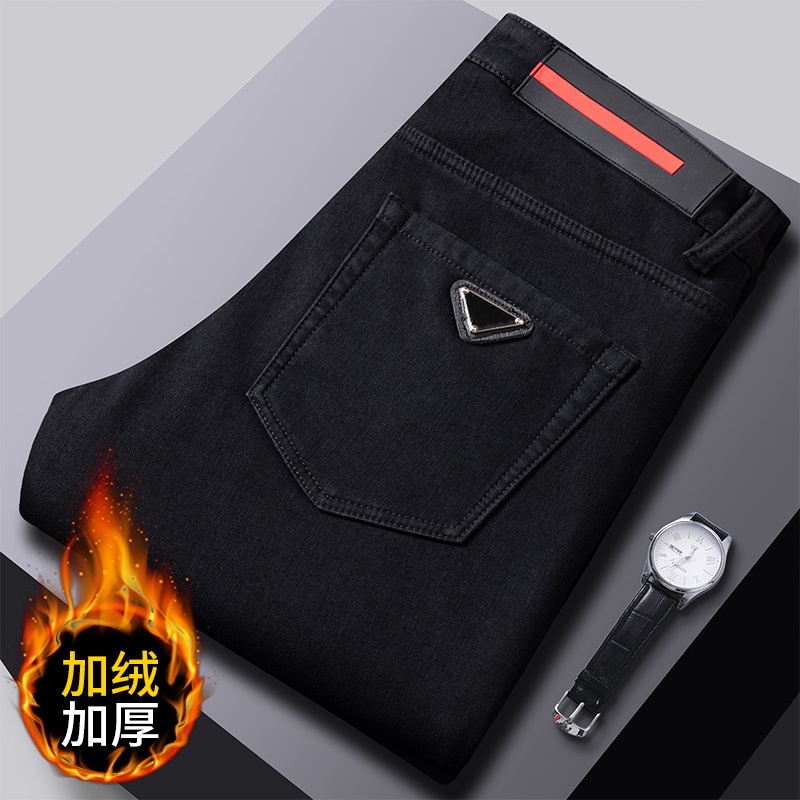 Men's Jeans Autumn Winter fleece-lined Men Slim Fit European American High-end Brand Small Straight Pants Q9634-8