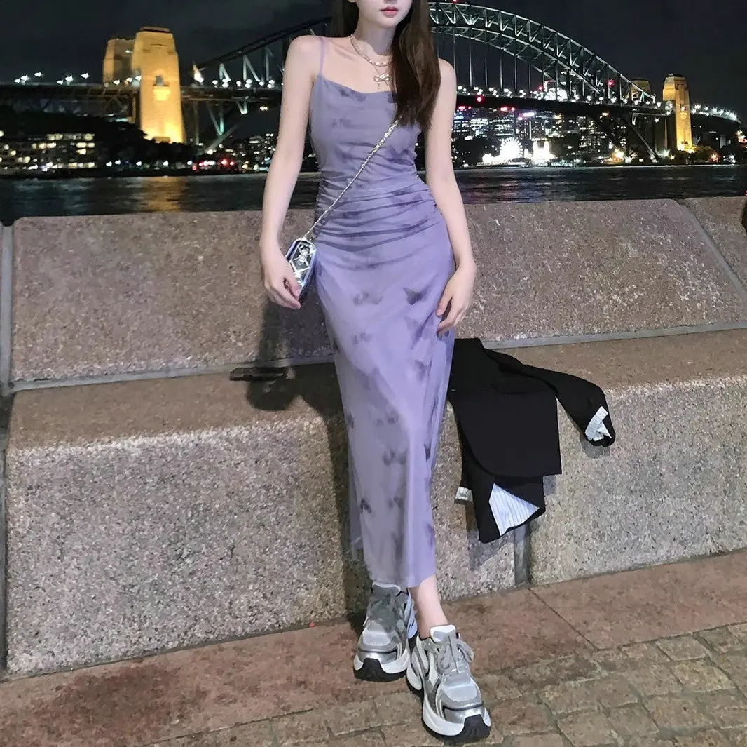 Womens French Purple Flower spaghetti Strap Dress 2025 SpringSummer Beach Vacation ShortsLong Ultra Thin Fit 250411