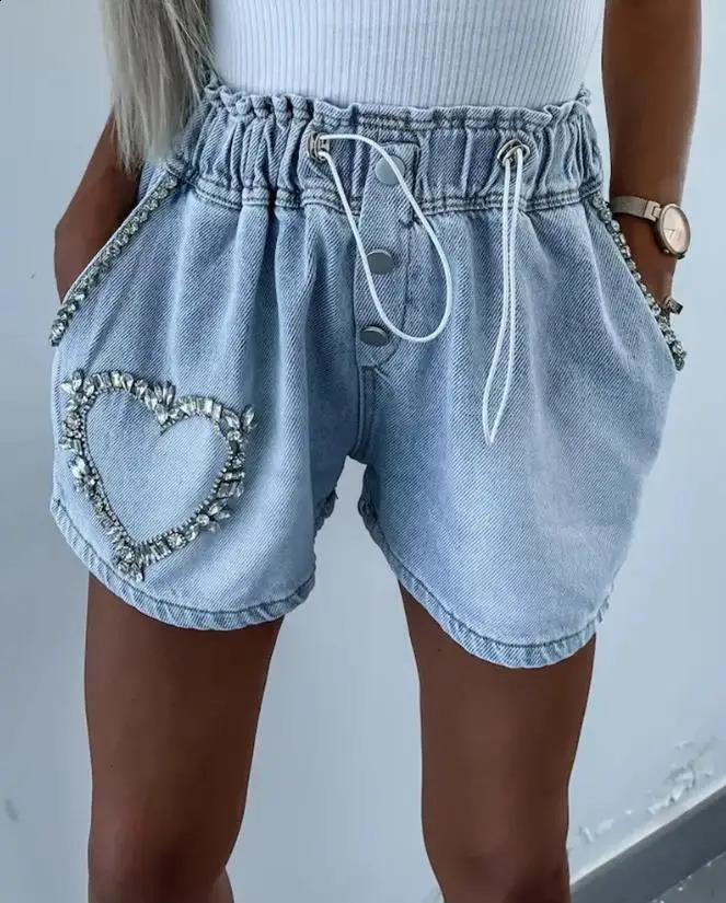 Commuting Rhinestone Heart Pattern Drawstring Denim Shorts Y2K 2025 Summer Casual Fashion Shorts Temperament 250411
