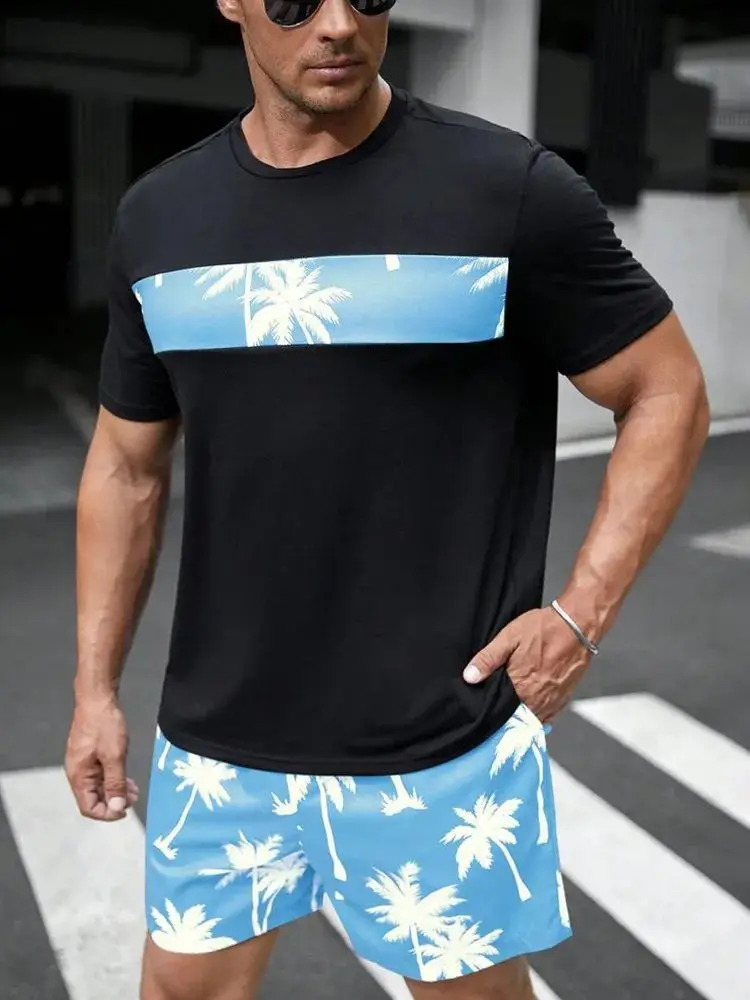 2025 mens short sleeved sports shorts two-piece casual set street diary Harajuku loose digital print summer style 250407
