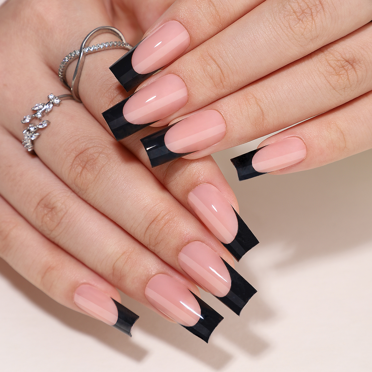 French Black Coffin Long Press-On Nails for Women - Available in 16 Sizes with 32 Reusable Pieces