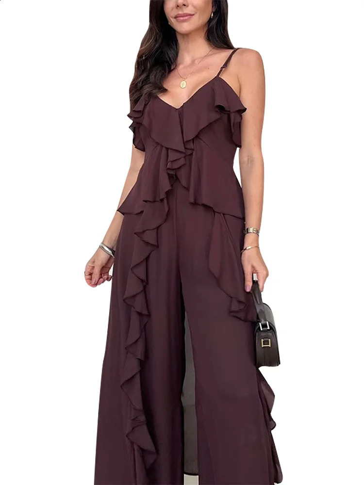 Casual Chiffon Ruffles Pants Womens 2 Piece Sets V-neck Sleeveless Split Tops Loose Wide Leg Trousers 2025 Summer Lady Outfits 250411