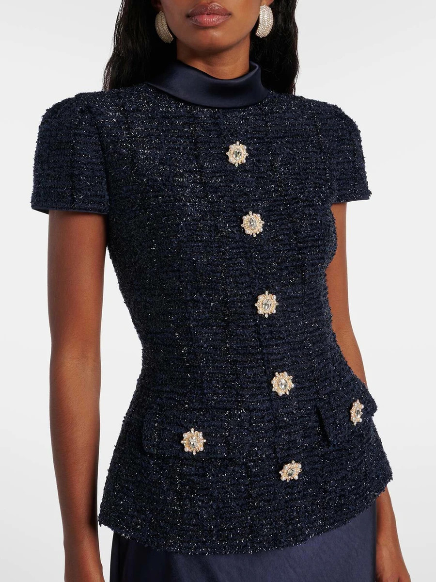 VGH Chic Two Piece Sets for Women Stand Collar Short Sleeves Spliced Pocket Tweed Top High Waist Maxi Skirts Vintage Suit Female 251106