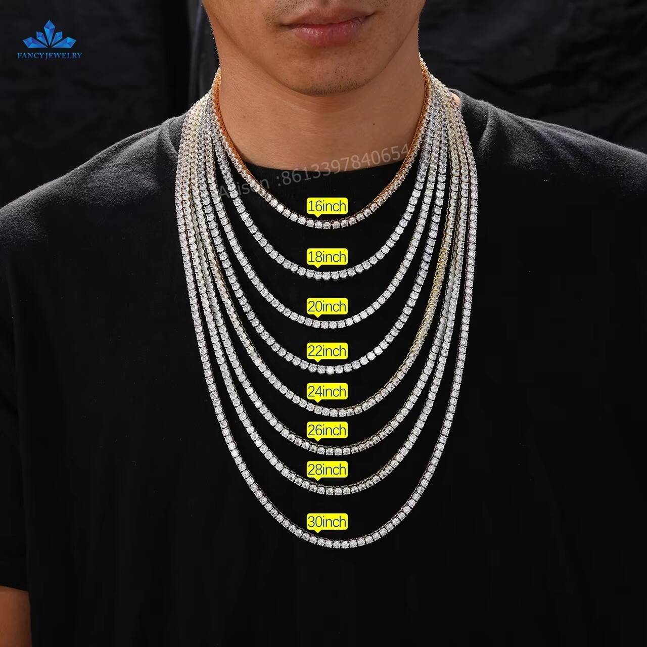 Most Popular Iced Out VVS Moissanite Tennis Chain 2MM 3MM 4MM 5MM 65MM Hip Hop Necklace Clustered 925 Sliver Tennis Chains Men