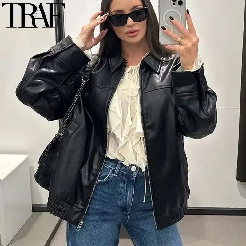 Designer Clothes TRAF Women's Cropped Faux Leather Women Autumn Long Sleeve Black Bomber Jackets Fashion Demi-Season Jacket