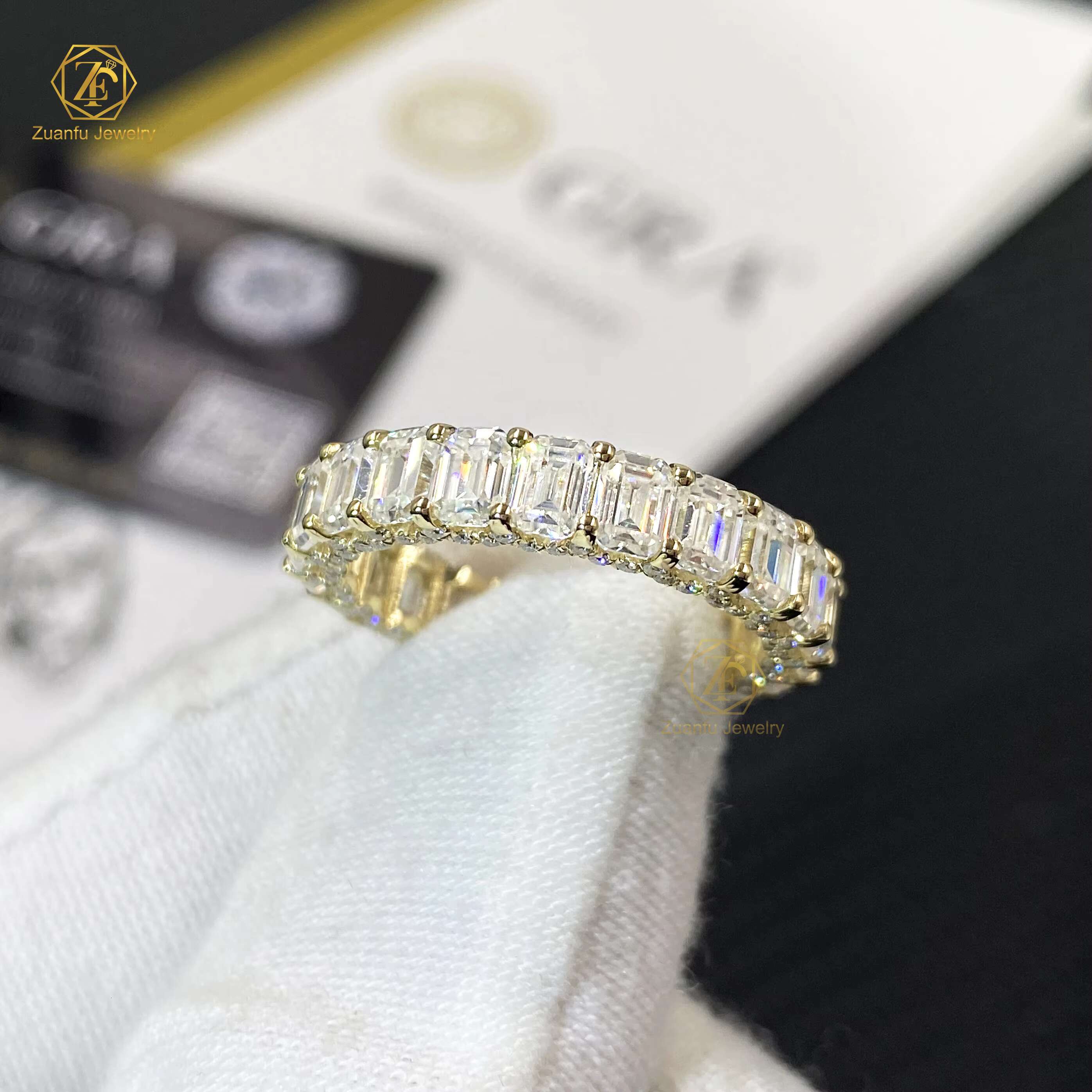 14K Yellow Gold Moissanite Eternity Ring 3x4mm Emerald D if Moissanite Full Diamond Ring Band for Ladys Wedding