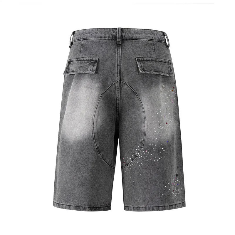 PFNW Street Washed Heat-melting Rhinestone n Retro Denim Shorts Mens 2025 Summer Chic Grey Straight Knee Length Pants 250411