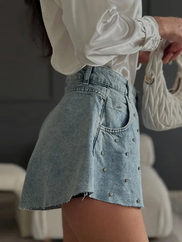 Women Diamonds Wide Leg Denim Shorts Vintage High Waist Short Jeans 2025 Summer Street Slim Basic Short Pants Trousers 250411